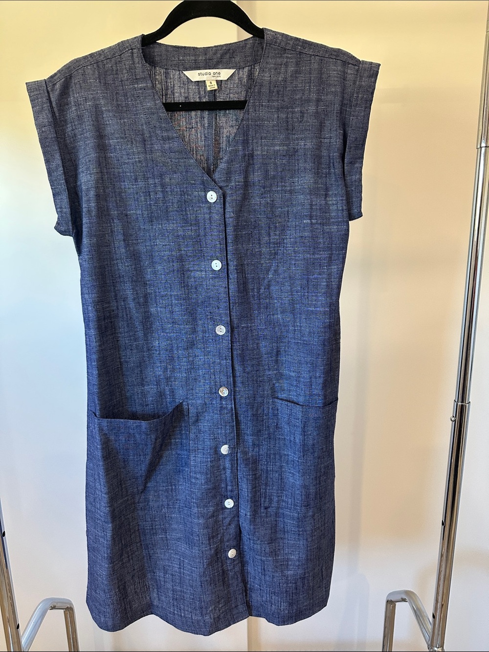 Studio One Chambray Blue Button-Front Midi Dress